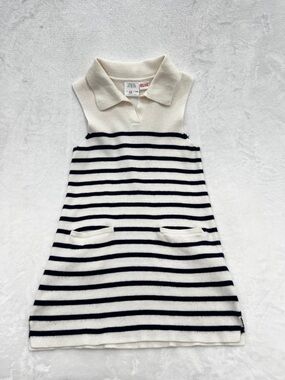 ZARA Knit Sweater Dress Stretch Girls Kids Dress Size 4-5 Years Beige Navy Blue